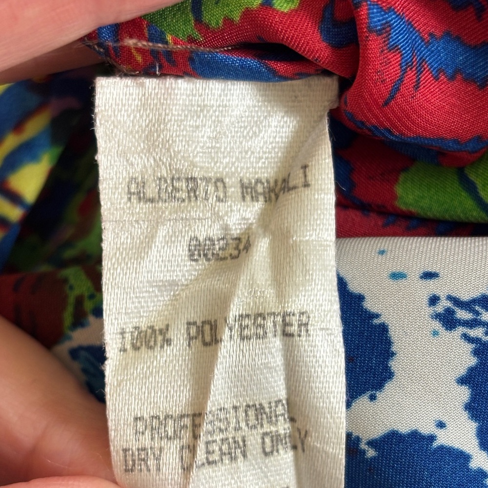 Alberto Makali Colorful Animal Print Patch Blouse Sz M Ruffle Back - Picture 9 of 10